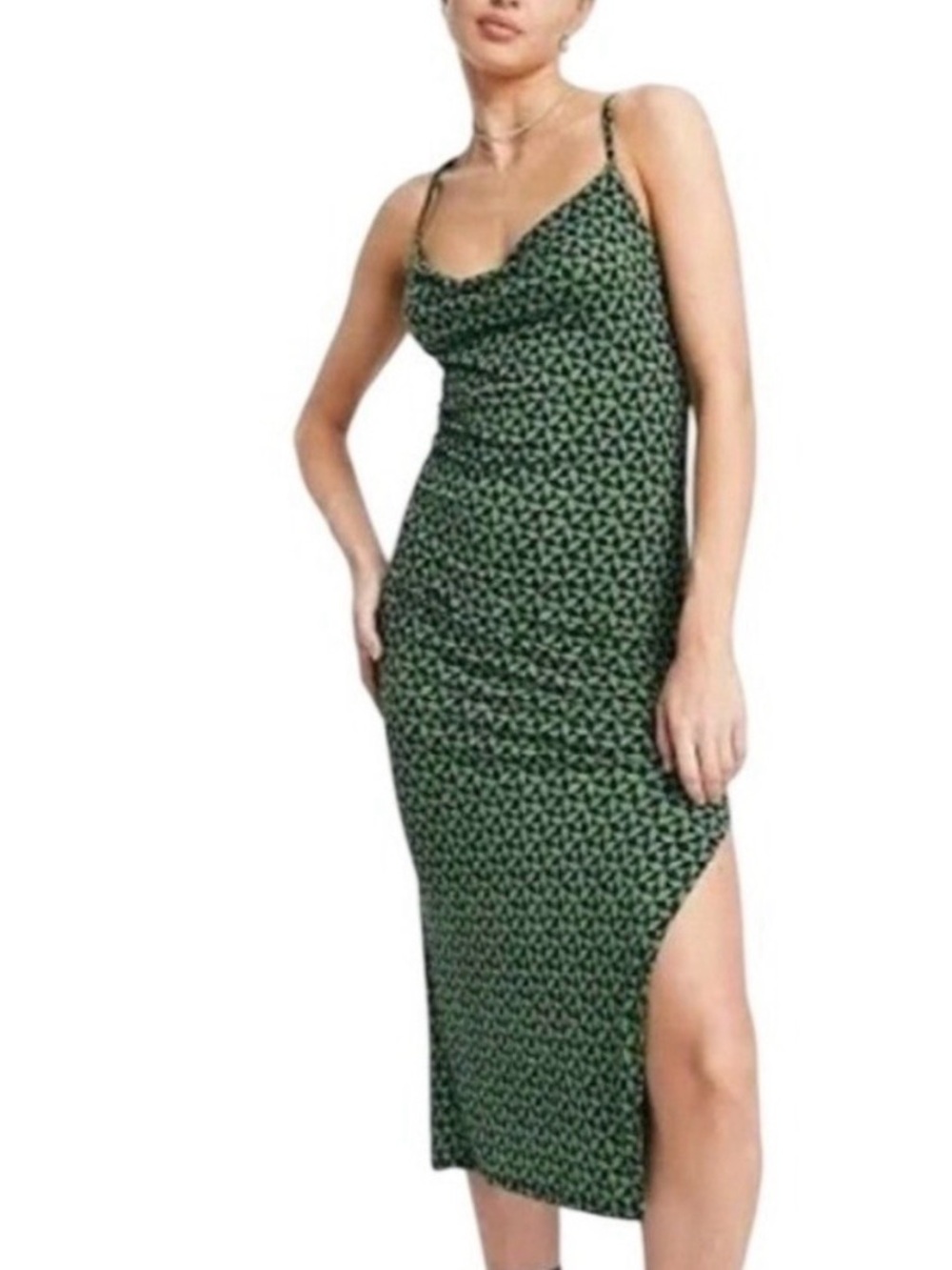 Green and navy Printed Slip Midi Dress with Side Slit and open back